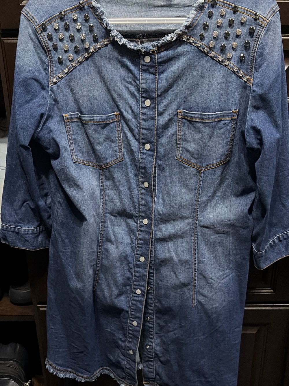 Studded Denim Button-Front Tunic Dress - Blue
